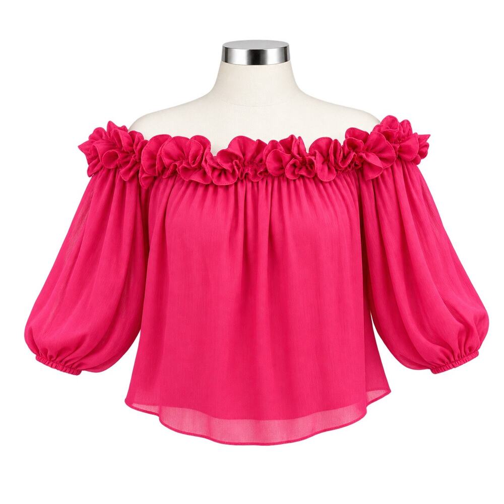 Trina Turk Fuchsia Off Shoulder Ruffle Blouse Balloon Sleeve Top - Size XL